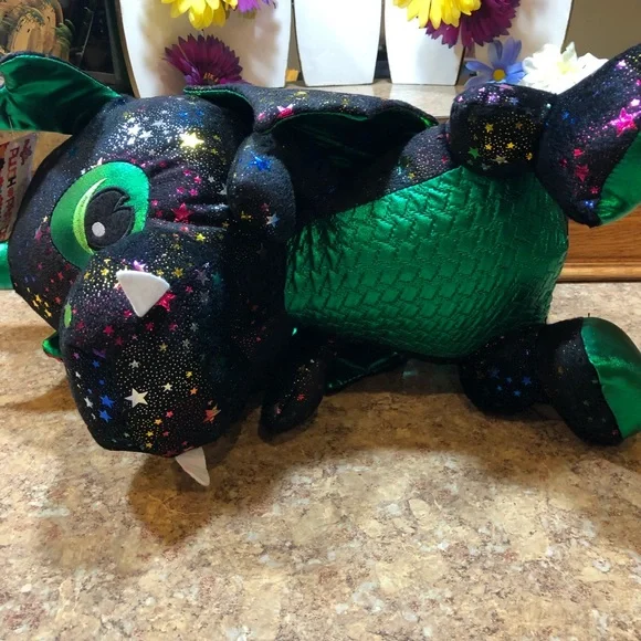 Toy Factory Plush Paradise 16" Black/Green Dragon w/Multicolor Metallic Stars - Picture 4 of 8